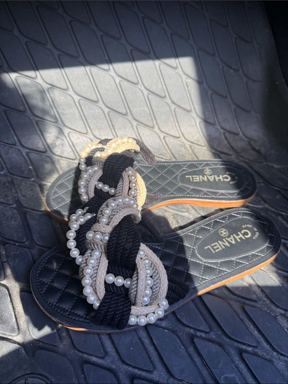 CHANEL Black & Beige Pearl-Trim Braided Slide Sandals